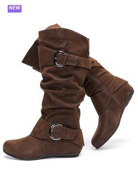 Wide Calf Knee High Chelsea Boots Faux Leather Low Heel Side Zip